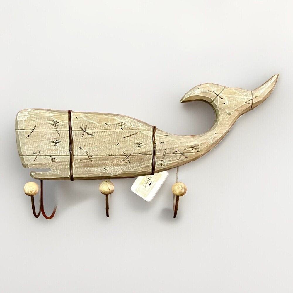 Wooden Whale Decor Hanging Wood Whale w/ Hooks for Wall Rustic Nautical NWT